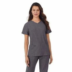 Women's Missy Cuddl Duds® Scrubs V-neck Top With 3 Pockets -Cuddl Duds Clothing Sales 4320323 Charcoal Heather