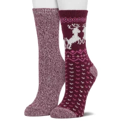 Women's Cuddl Duds® 2-Pack Plushfill* Reindeer Fair Isle Crew Socks -Cuddl Duds Clothing Sales 5149610 Zinfandel