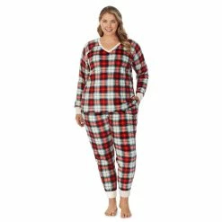 Plus Size Cuddl Duds® Velour Fleece V-Neck Pajama Top and Banded Bottom Pajama Pants Sleep Set -Cuddl Duds Clothing Sales 5588942 Red Tartan Plaid