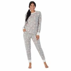 Petite Cuddl Duds 3-pc. Knit Long Sleeve Pajama Top, Banded Bottom Pajama Pants & Scrunchie Set -Cuddl Duds Clothing Sales 5591784 Grey Heather Bear