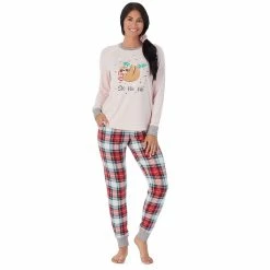 Petite Cuddl Duds 3-pc. Knit Long Sleeve Pajama Top, Banded Bottom Pajama Pants & Scrunchie Set -Cuddl Duds Clothing Sales 5591784 Red Cream Plaid