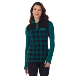 Women's Cuddl Duds® Fleecewear with Stretch Mock Henley Long Sleeve Top with Sherpa -Cuddl Duds Clothing Sales 5668410 Viridian Buffalo