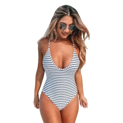 Women's CUPSHE Striped Scoopneck Cross Back One-Piece Swimsuit