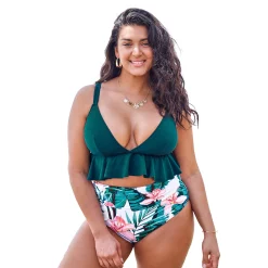 Plus Size CUPSHE Ruffle Swim Top & High-Waist Floral Bottoms Bikini Set