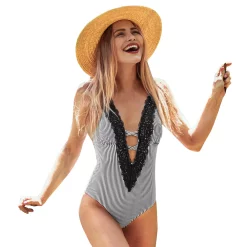 Women's CUPSHE Striped Lace-Trim One-Piece Swimsuit