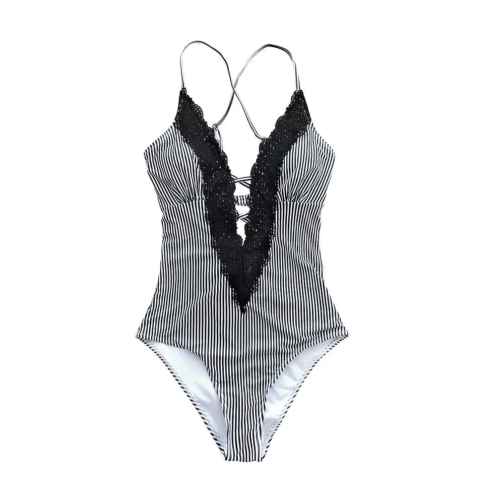 Women's CUPSHE Striped Lace-Trim One-Piece Swimsuit 2 Women's CUPSHE Striped Lace-Trim One-Piece Swimsuit - Image 2