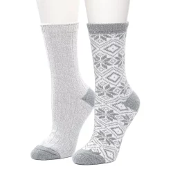 Women's Cuddl Duds 2 Pair Pack Snowflake Diamond Crew Socks