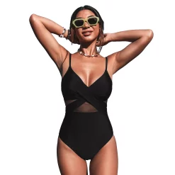Women's CUPSHE V-Neck One Piece Swimsuit Crisscross Mesh Mid Cut Bathing Suit